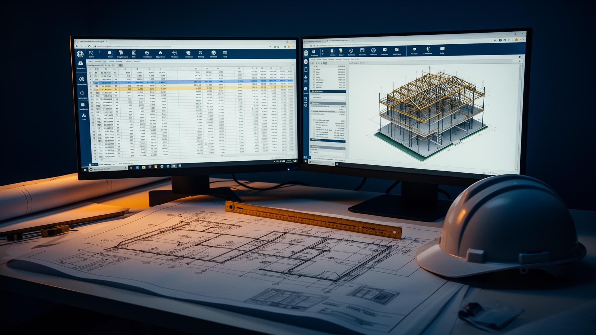 Construction estimation workspace with blueprints and takeoff software